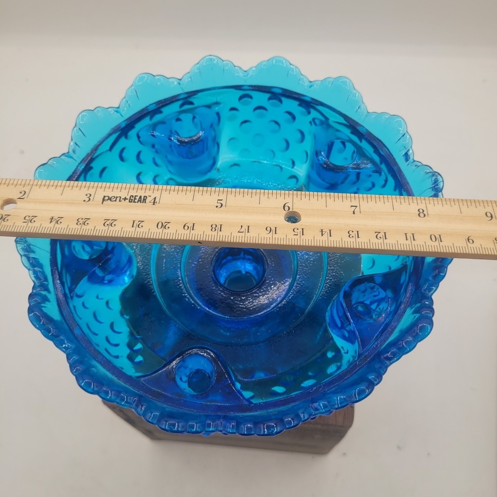 Vintage 1960s Fenton Colonial Blue Hobnail Glass 6 Candle Pedestal Bowl - Picture 4 of 4